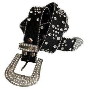 Rhinestone Studded Black BELT 34-38” Vegan Leather Western Cowboy Women's Medium